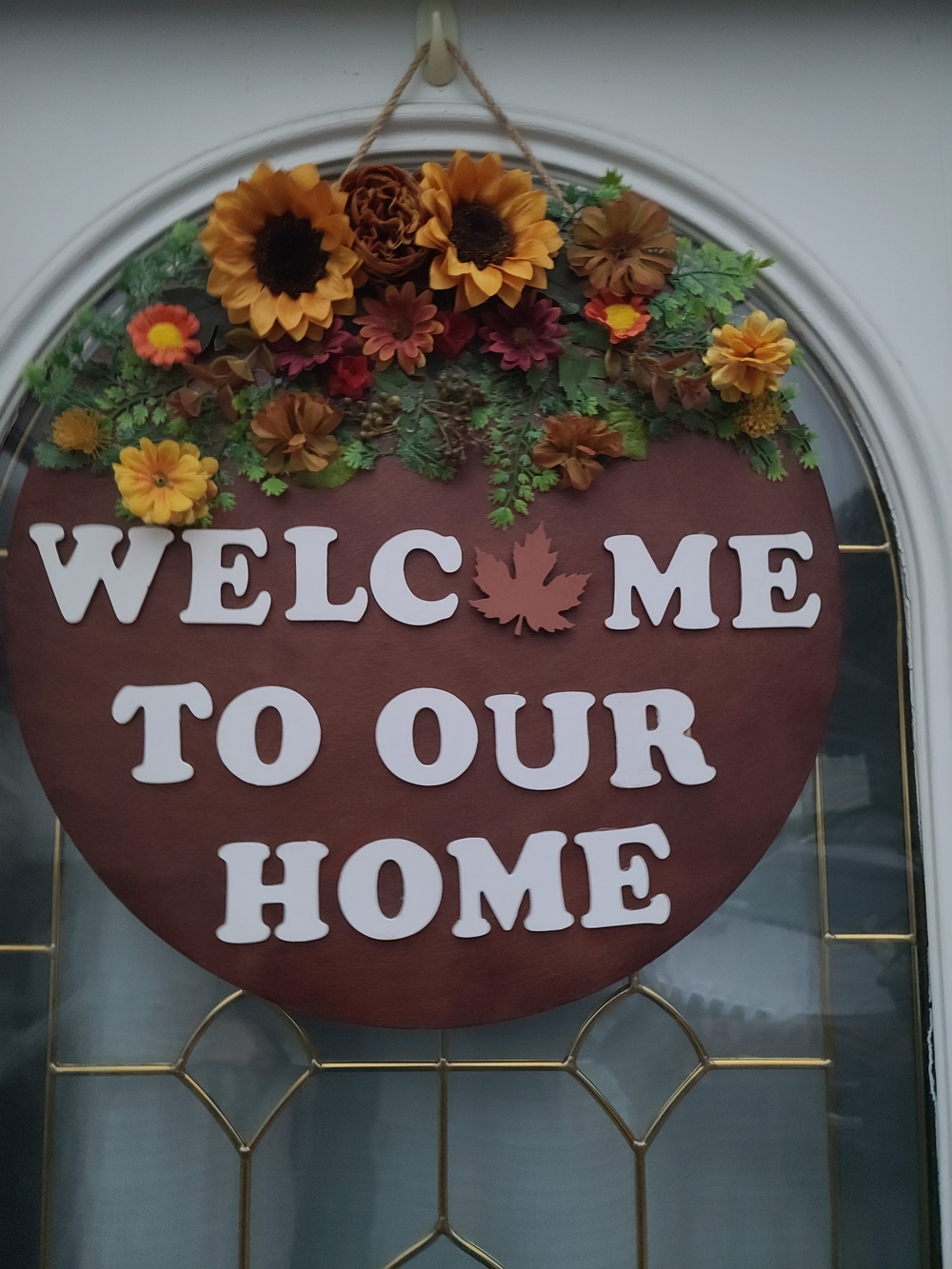 Autumn Sunflower 'Welcome To Our Home' Round Door decoration- Brown & Yellow